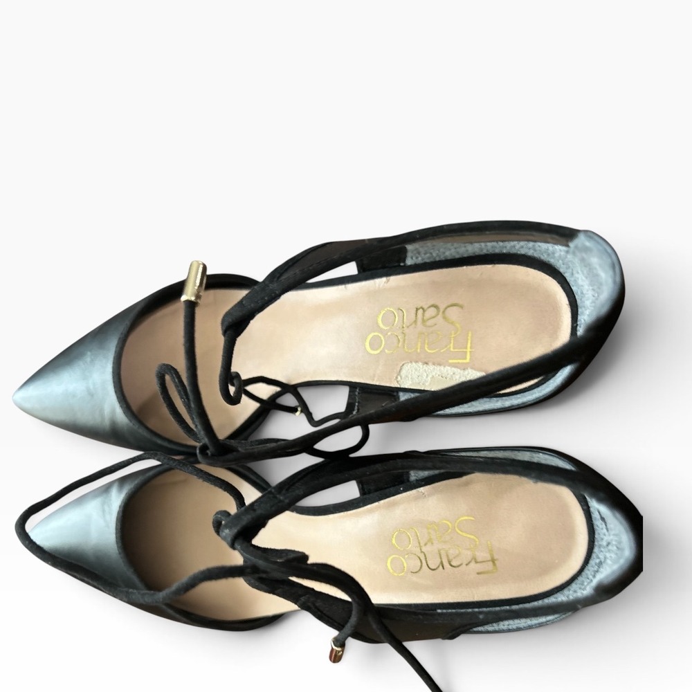 Franco Sarto Black Leather Lace Up Ankle Tie Pointed Toe Kitten Heel Pumps